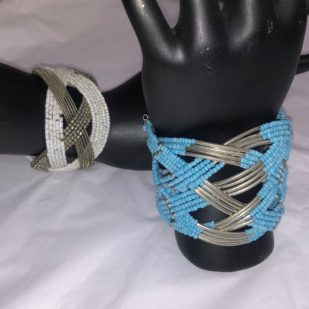 3/$15 Set of 2 beaded bracelet cuffs blue white